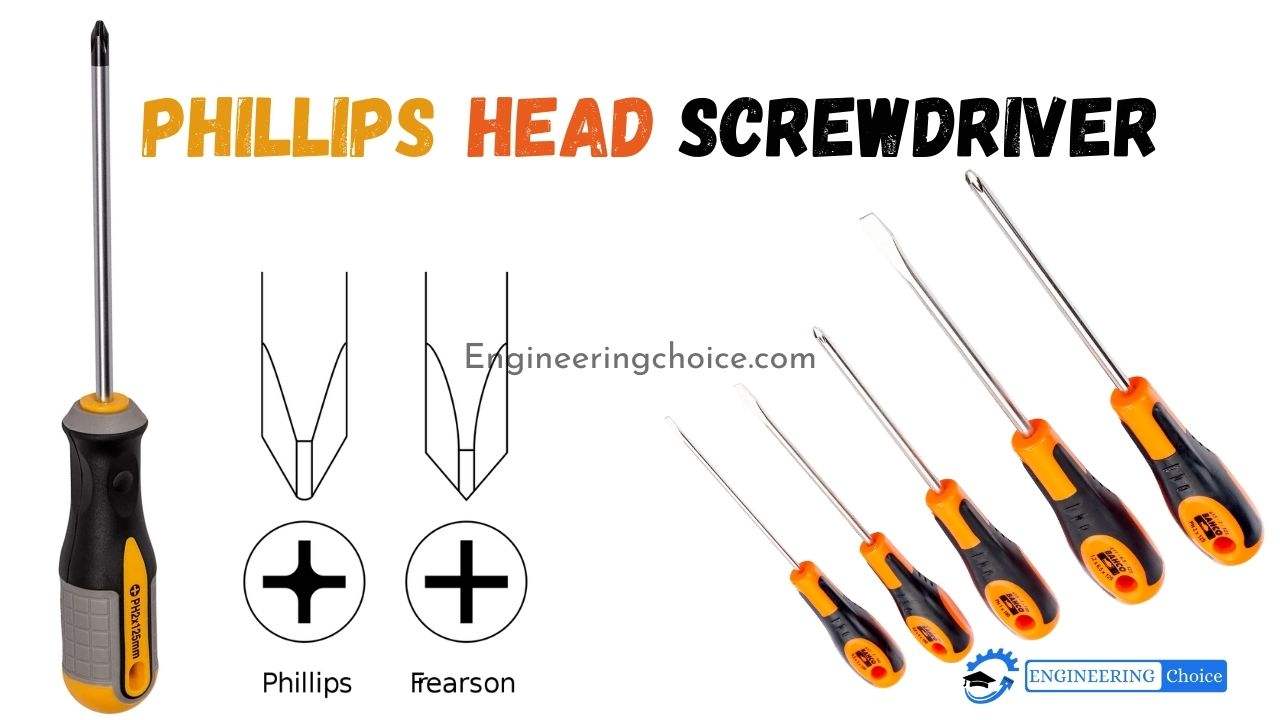 A Phillips screwdriver has a head with pointed edges in the shape of a cross, which fits neatly into the cross slots of a Phillips screw.